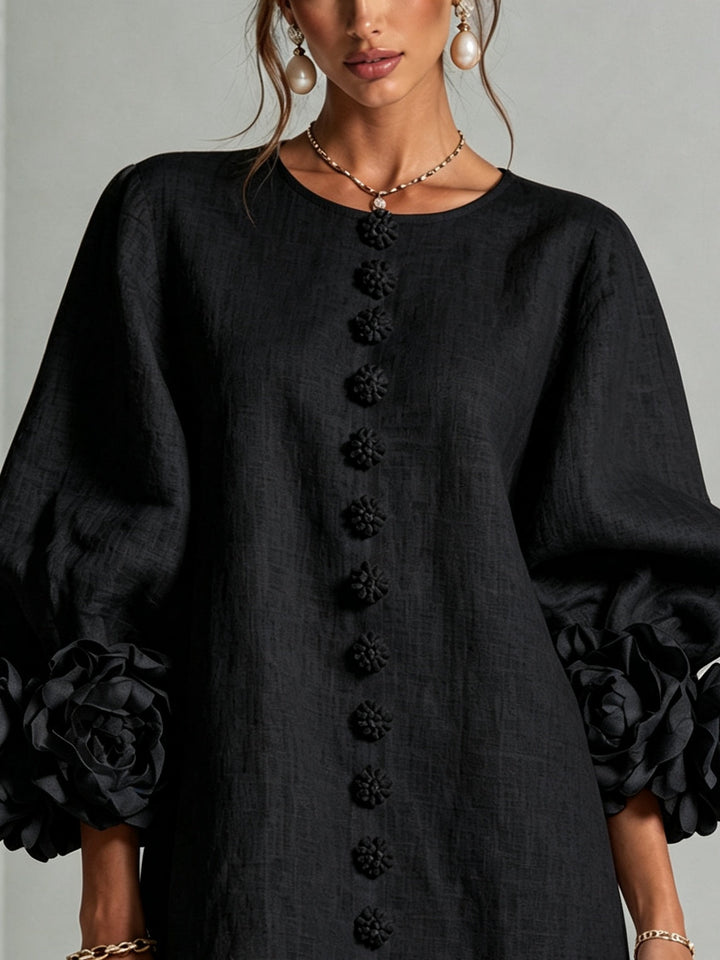 Clementine | Rosette-Cuff Button Shift Dress Black