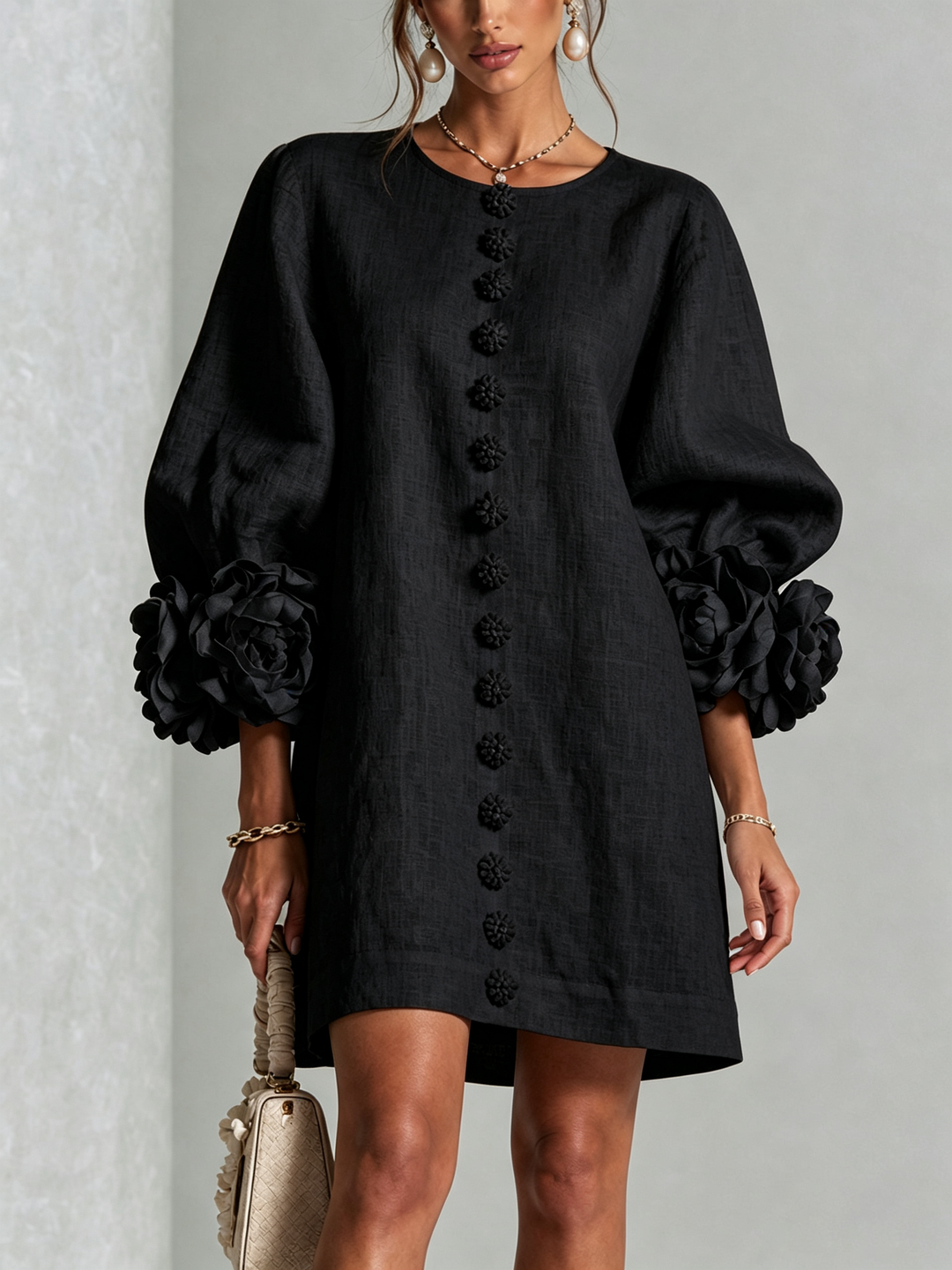 Clementine | Rosette-Cuff Button Shift Dress Black