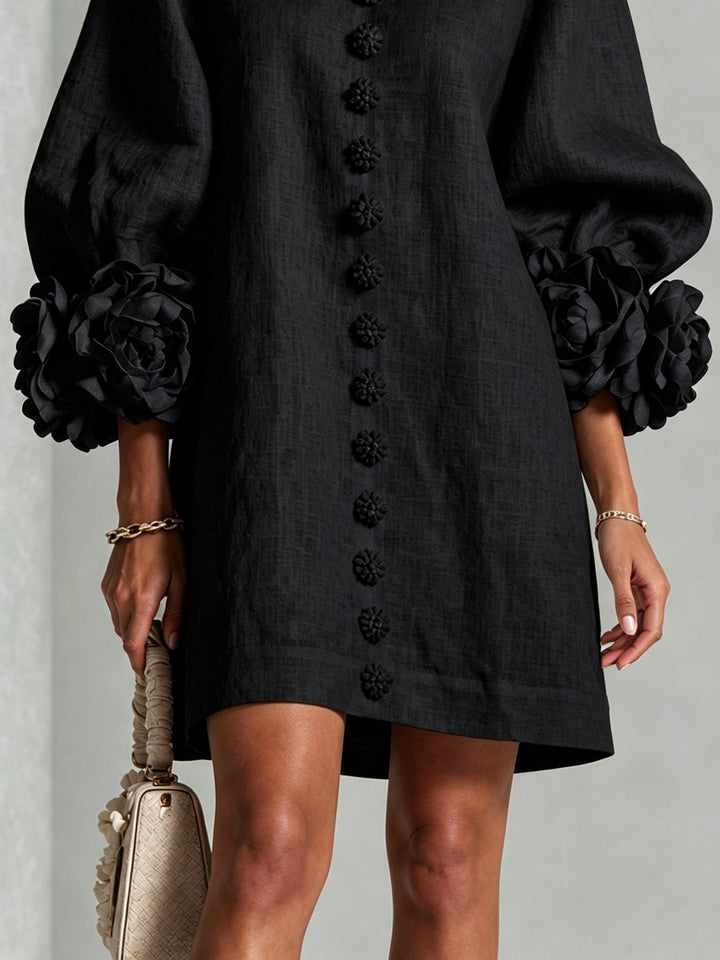 Clementine | Rosette-Cuff Button Shift Dress Black