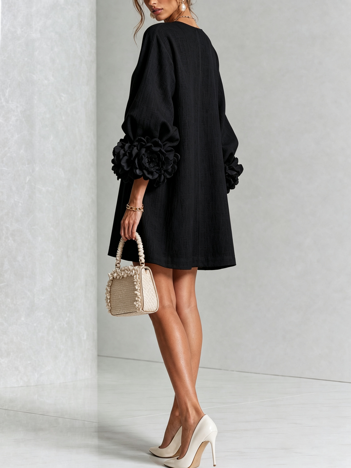 Clementine | Rosette-Cuff Button Shift Dress Black