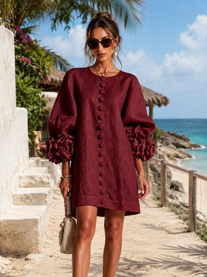 Clementine | Rosette-Cuff Button Shift Dress Burgundy