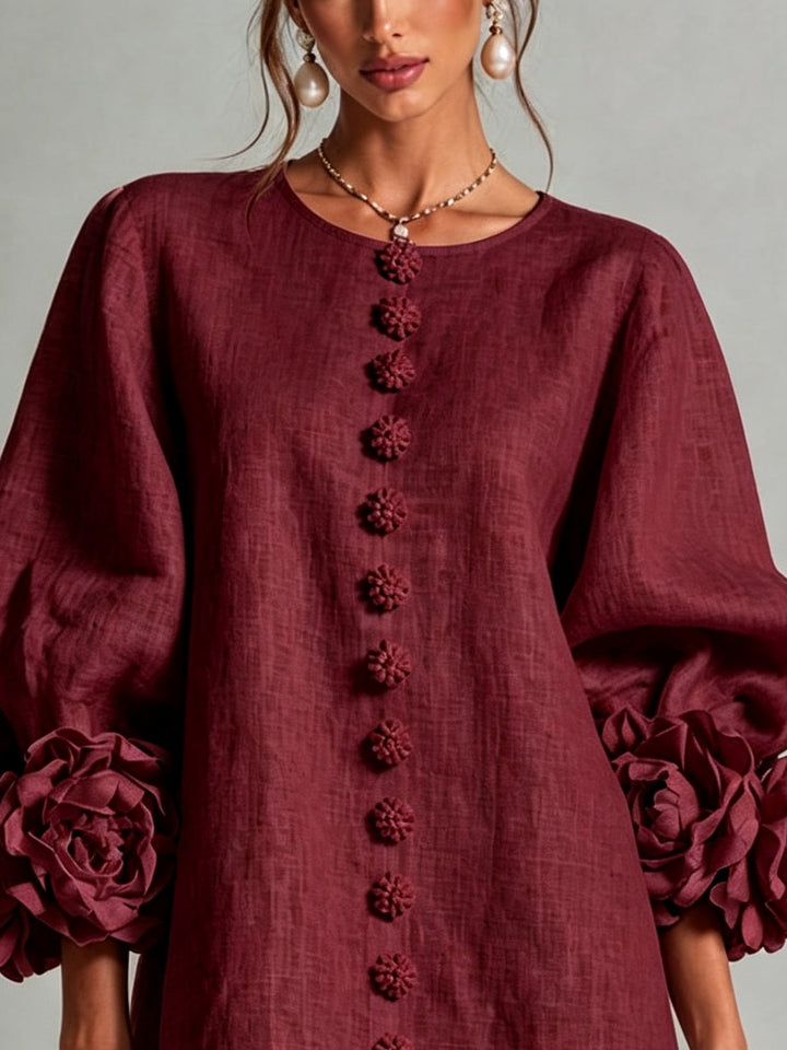 Clementine | Rosette-Cuff Button Shift Dress Burgundy
