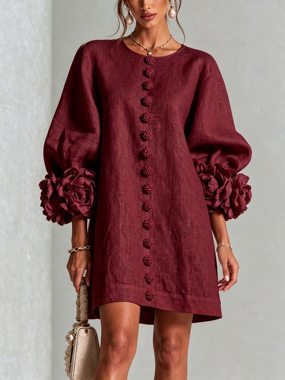 Clementine | Rosette-Cuff Button Shift Dress Burgundy