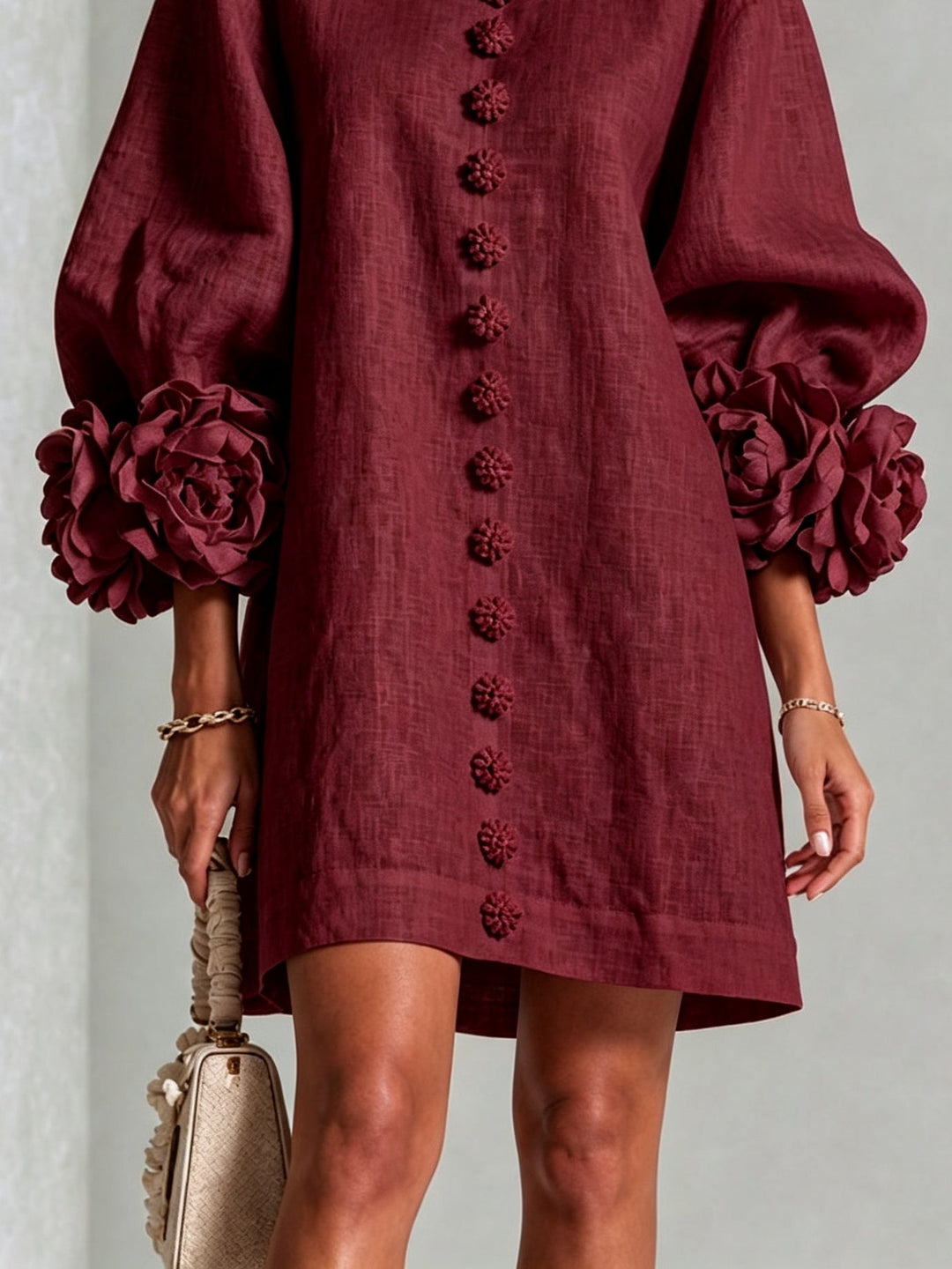 Clementine | Rosette-Cuff Button Shift Dress Burgundy