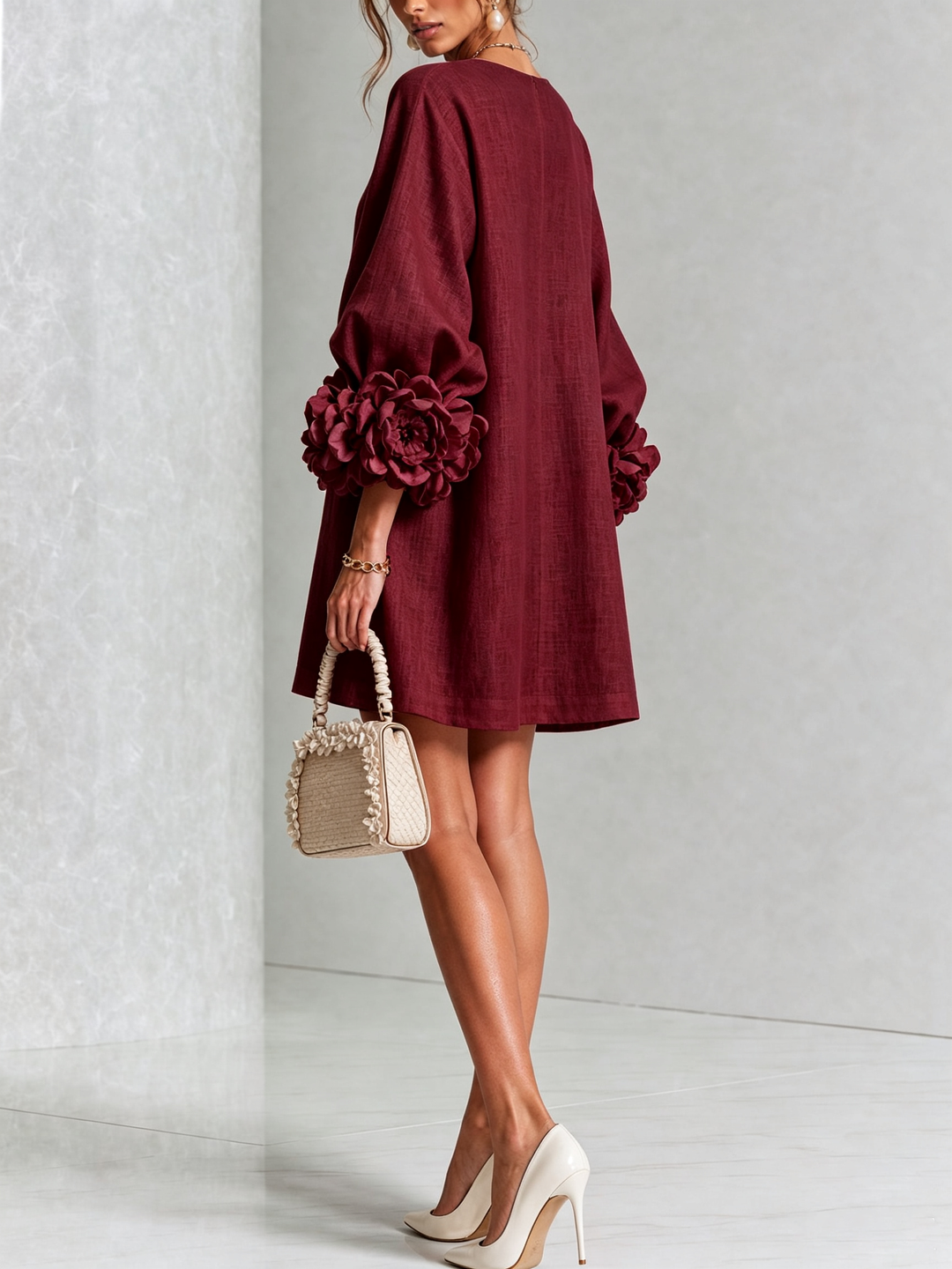 Clementine | Rosette-Cuff Button Shift Dress Burgundy