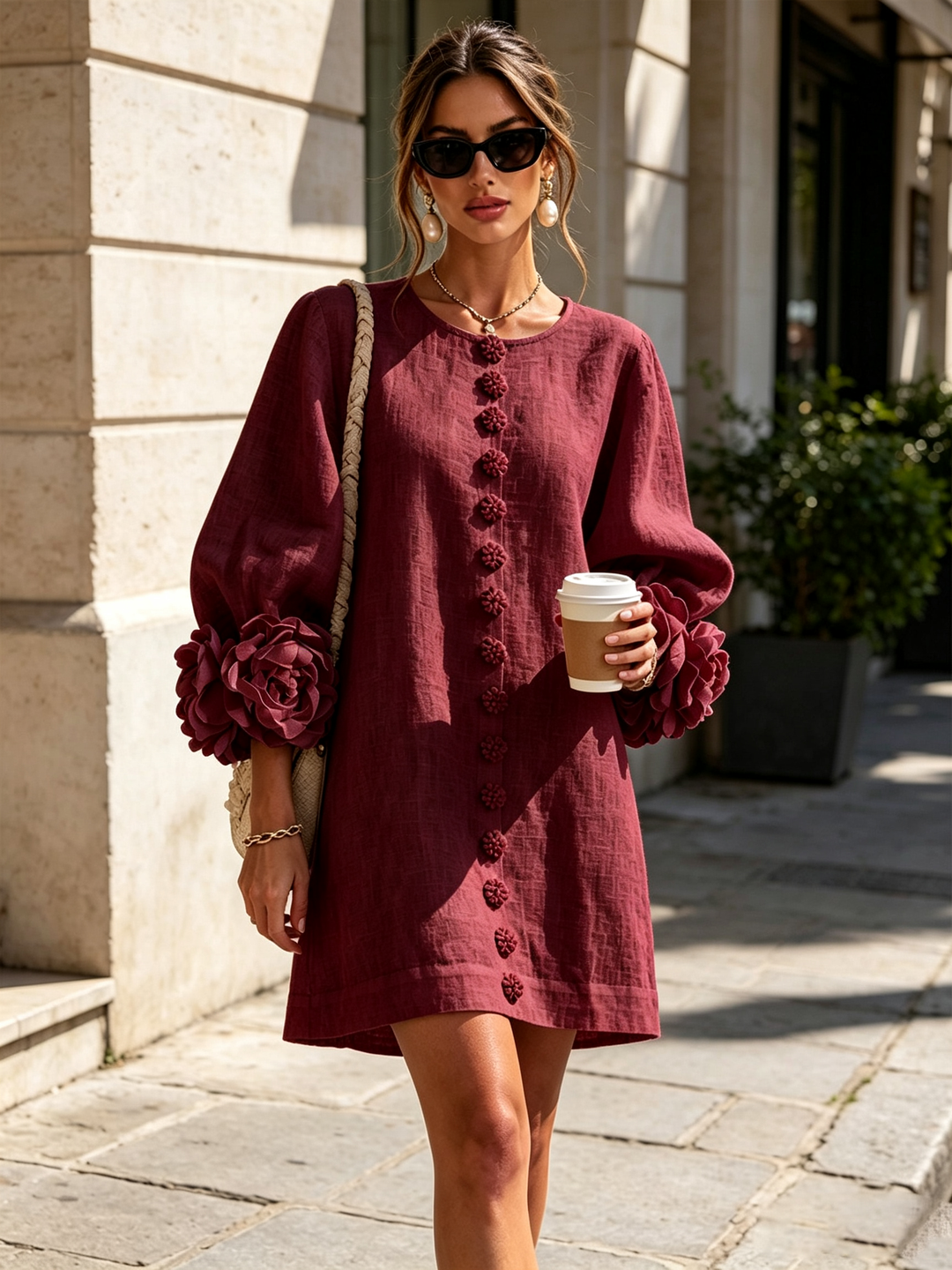 Clementine | Rosette-Cuff Button Shift Dress Burgundy