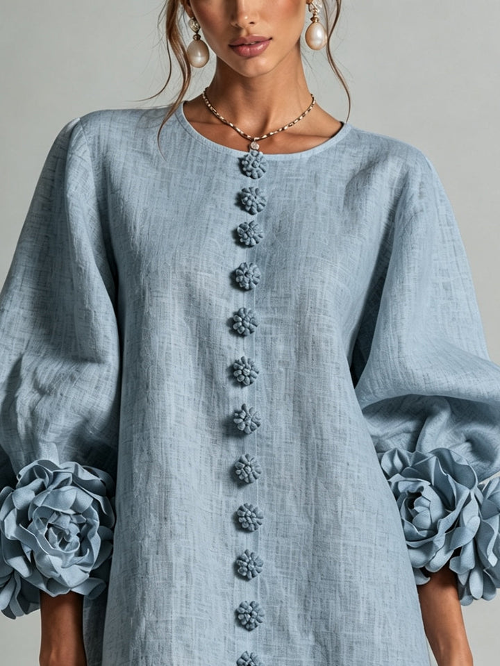 Clementine | Rosette-Cuff Button Shift Dress Dusty Blue