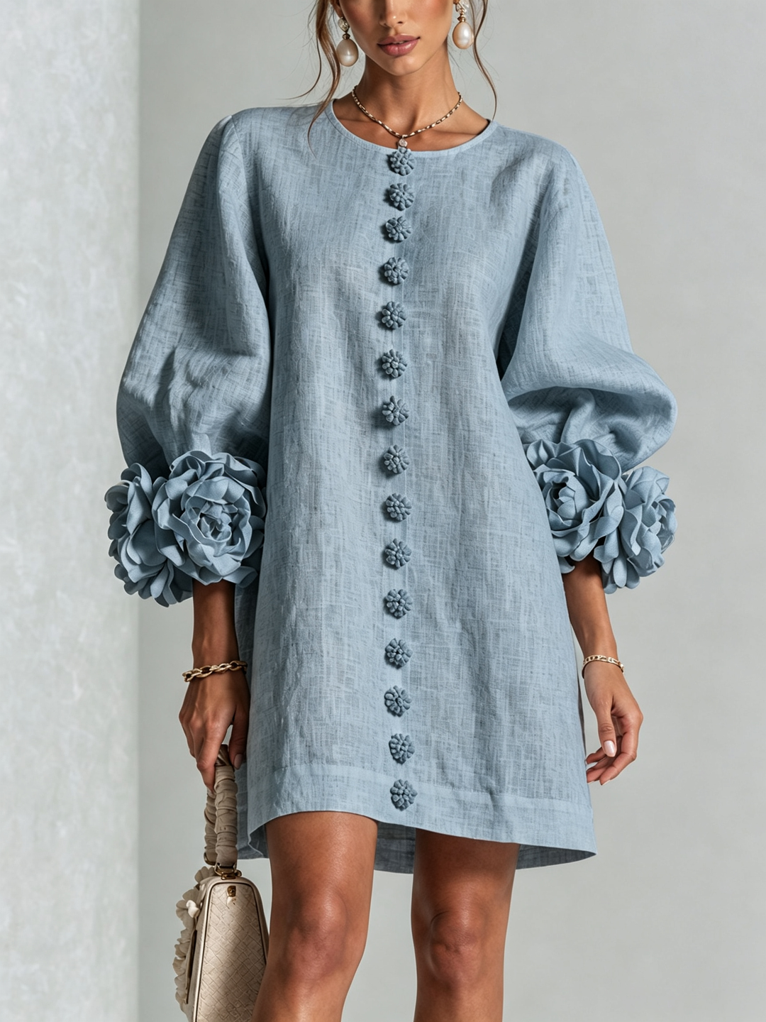 Clementine | Rosette-Cuff Button Shift Dress Dusty Blue