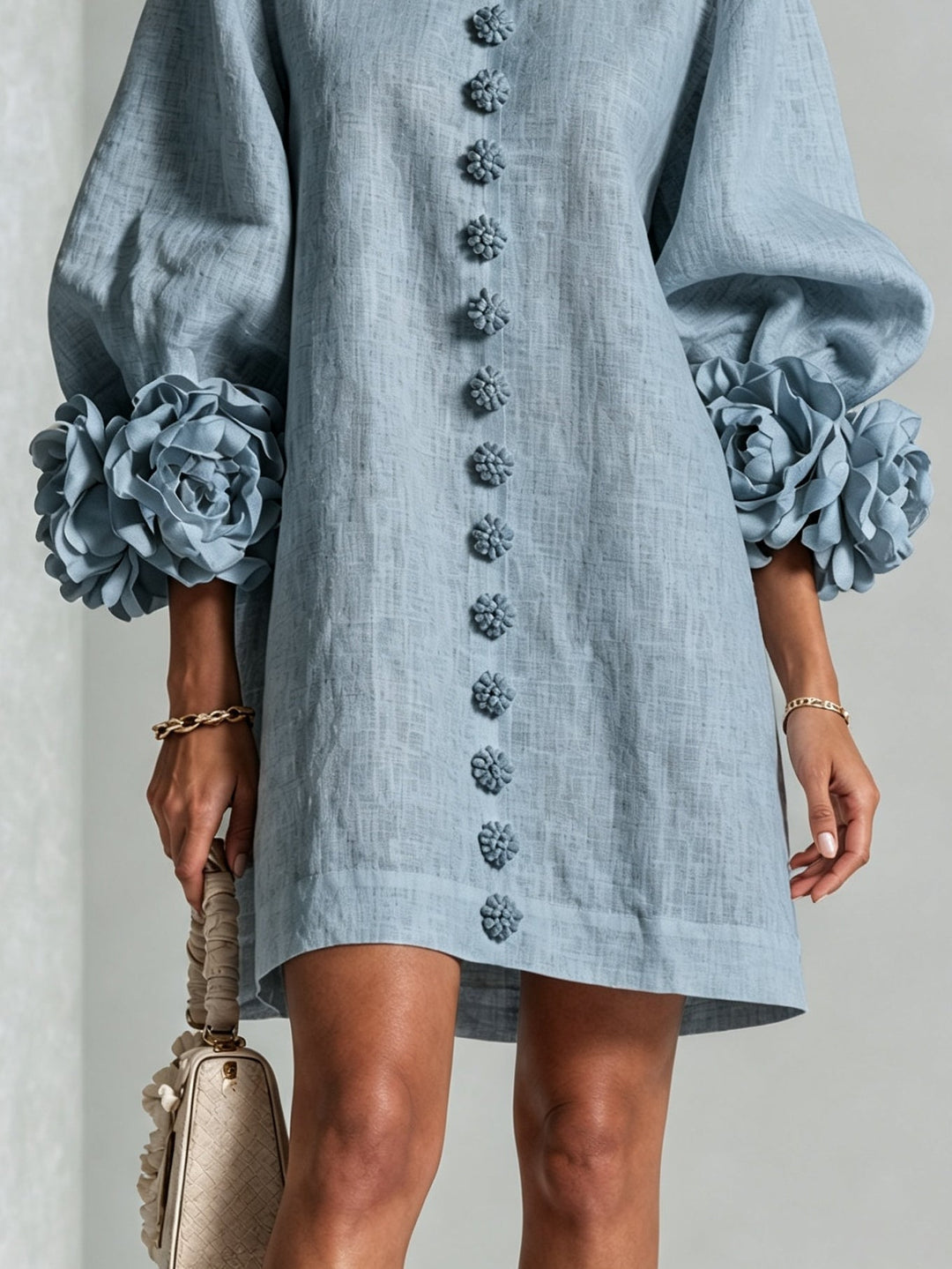 Clementine | Rosette-Cuff Button Shift Dress Dusty Blue