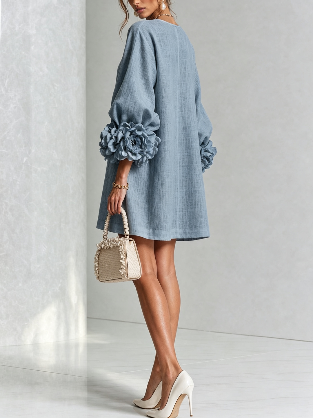 Clementine | Rosette-Cuff Button Shift Dress Dusty Blue