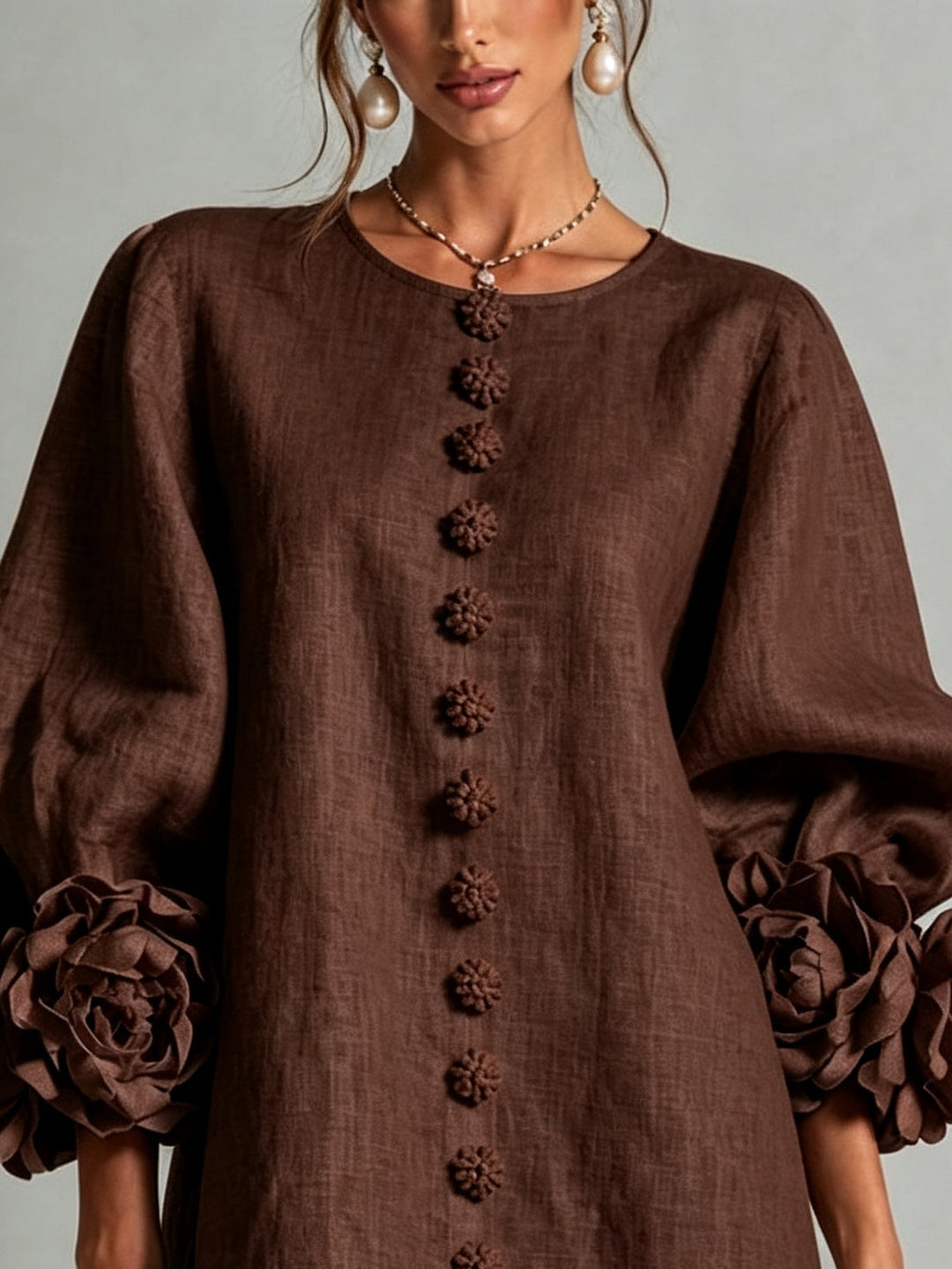 Clementine | Rosette-Cuff Button Shift Dress Chocolate Brown