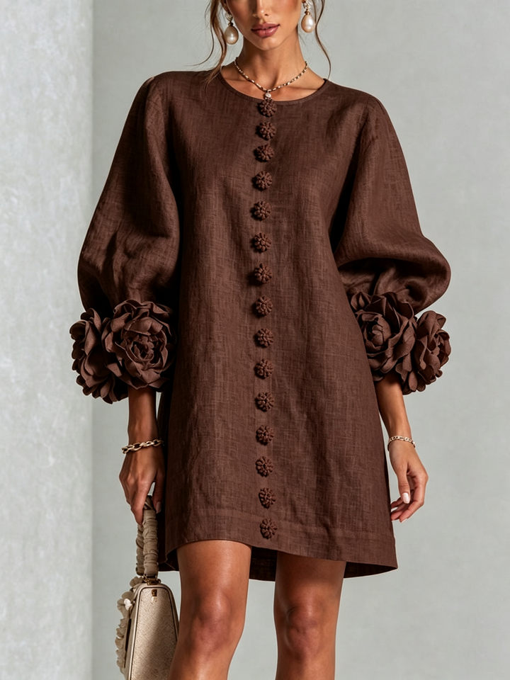 Clementine | Rosette-Cuff Button Shift Dress Chocolate Brown