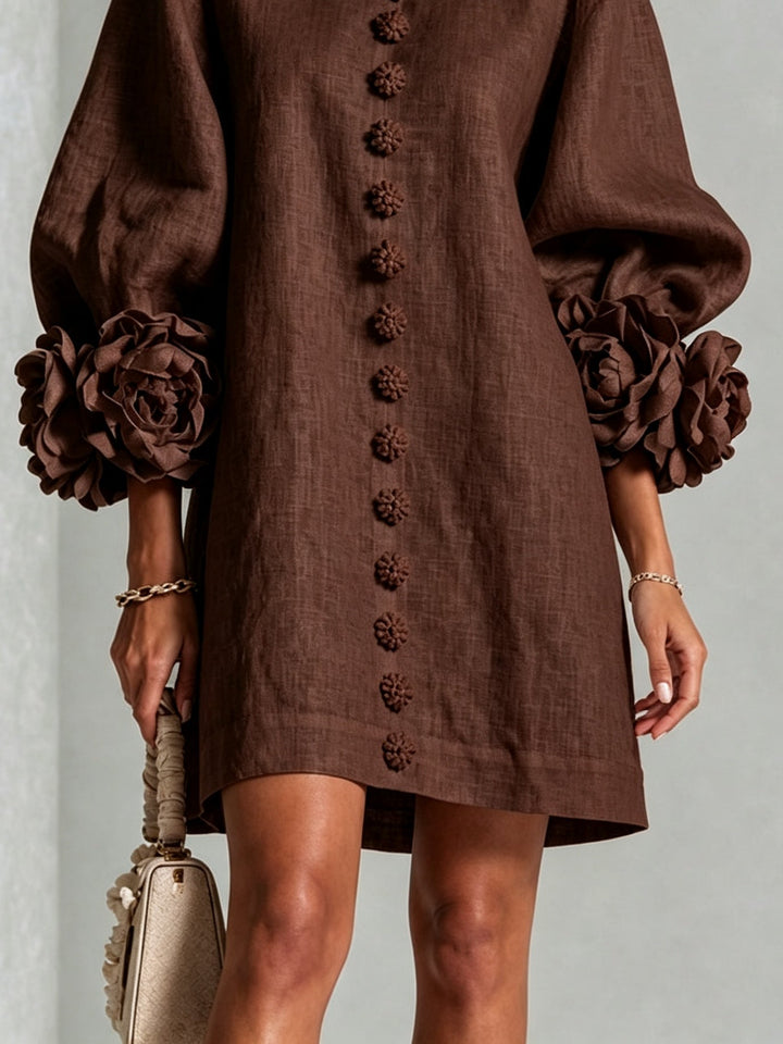 Clementine | Rosette-Cuff Button Shift Dress Chocolate Brown