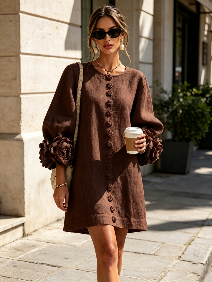Clementine | Rosette-Cuff Button Shift Dress Chocolate Brown