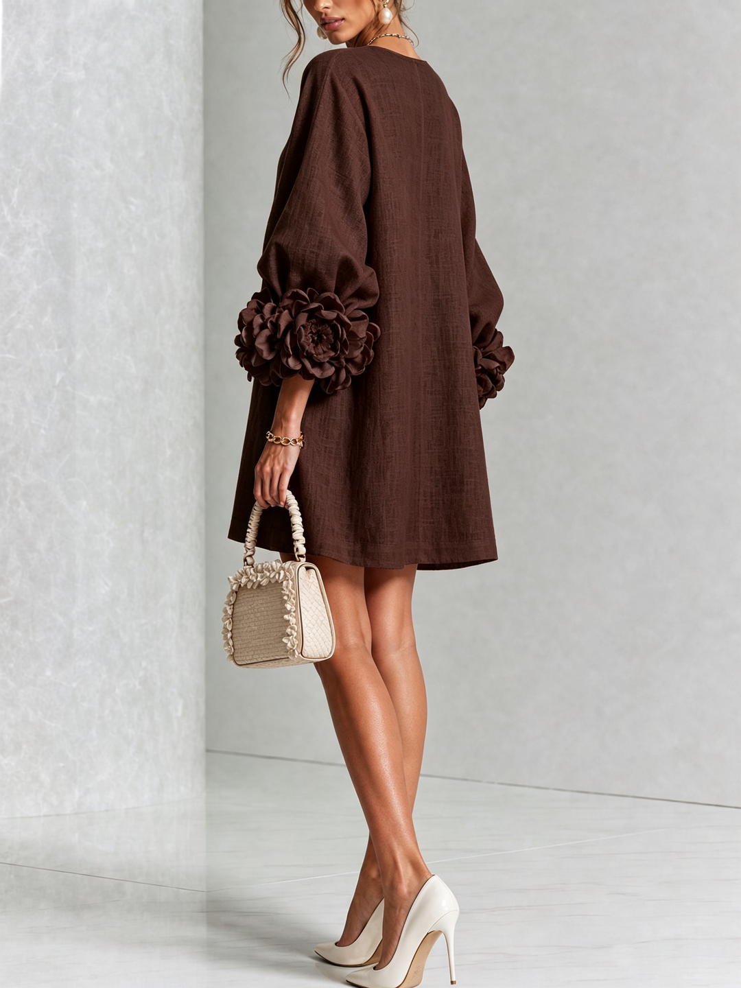 Clementine | Rosette-Cuff Button Shift Dress Chocolate Brown