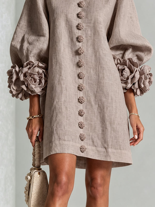Clementine | Rosette-Cuff Button Shift Dress Mushroom Taupe