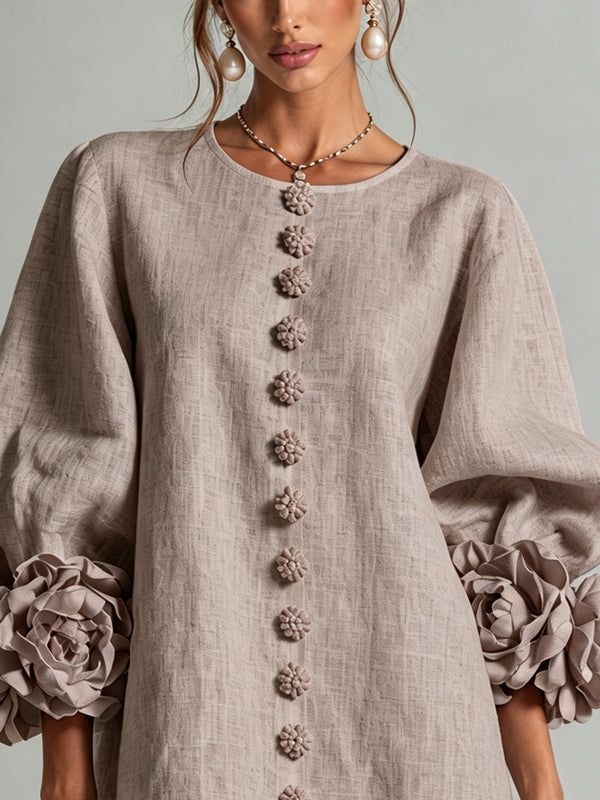 Clementine | Rosette-Cuff Button Shift Dress Mushroom Taupe