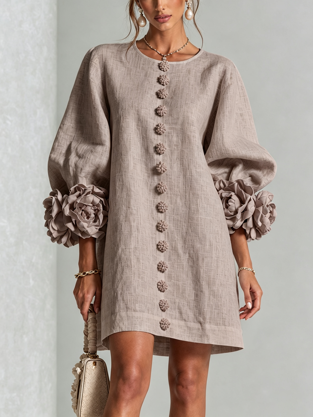 Clementine | Rosette-Cuff Button Shift Dress Mushroom Taupe