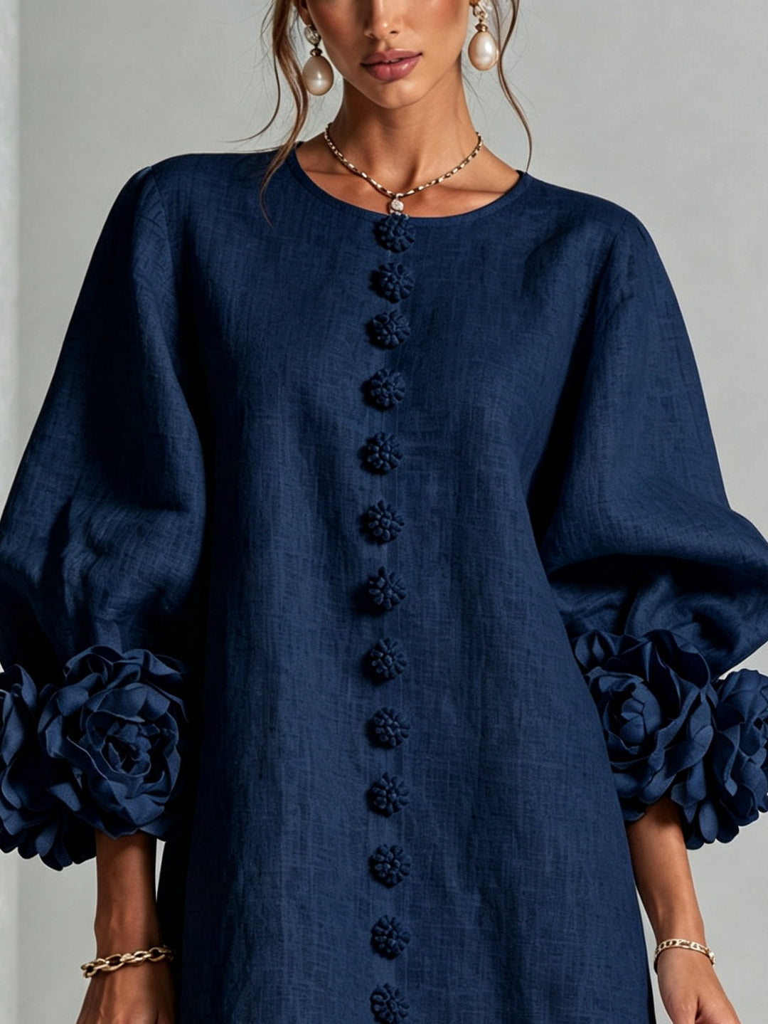 Clementine | Rosette-Cuff Button Shift Dress Navy
