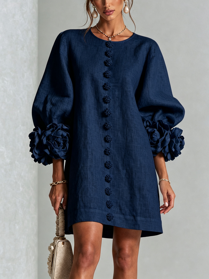 Clementine | Rosette-Cuff Button Shift Dress Navy