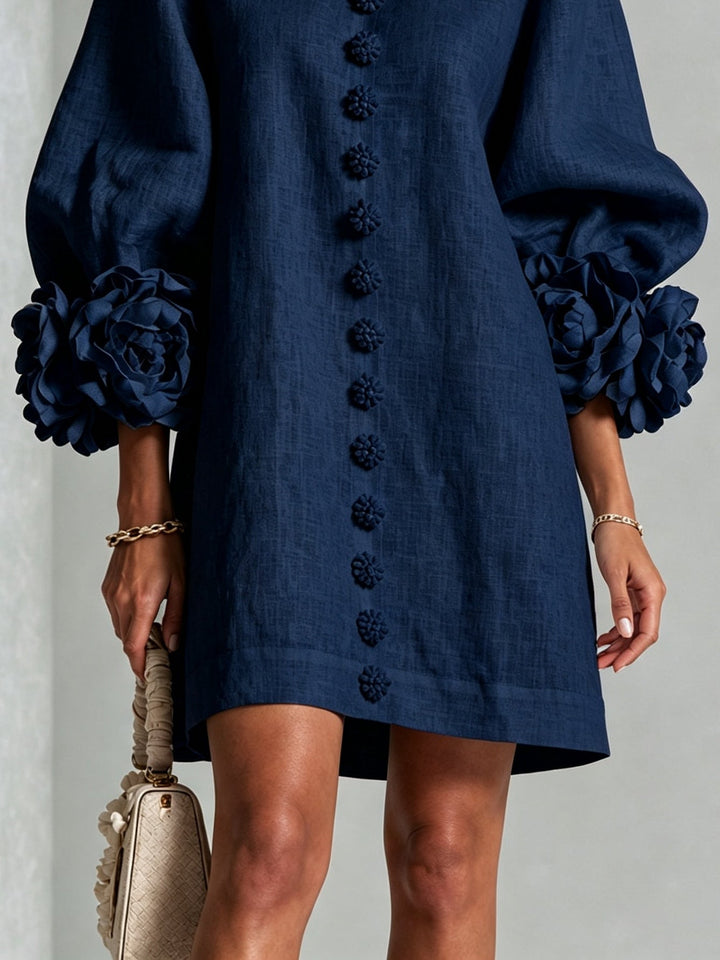 Clementine | Rosette-Cuff Button Shift Dress Navy