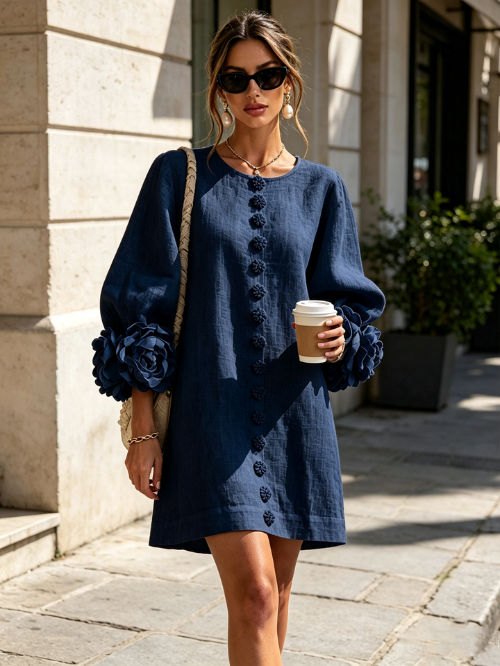 Clementine | Rosette-Cuff Button Shift Dress Navy