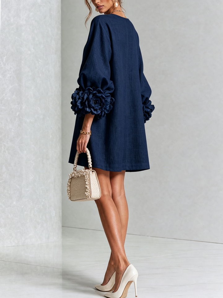Clementine | Rosette-Cuff Button Shift Dress Navy