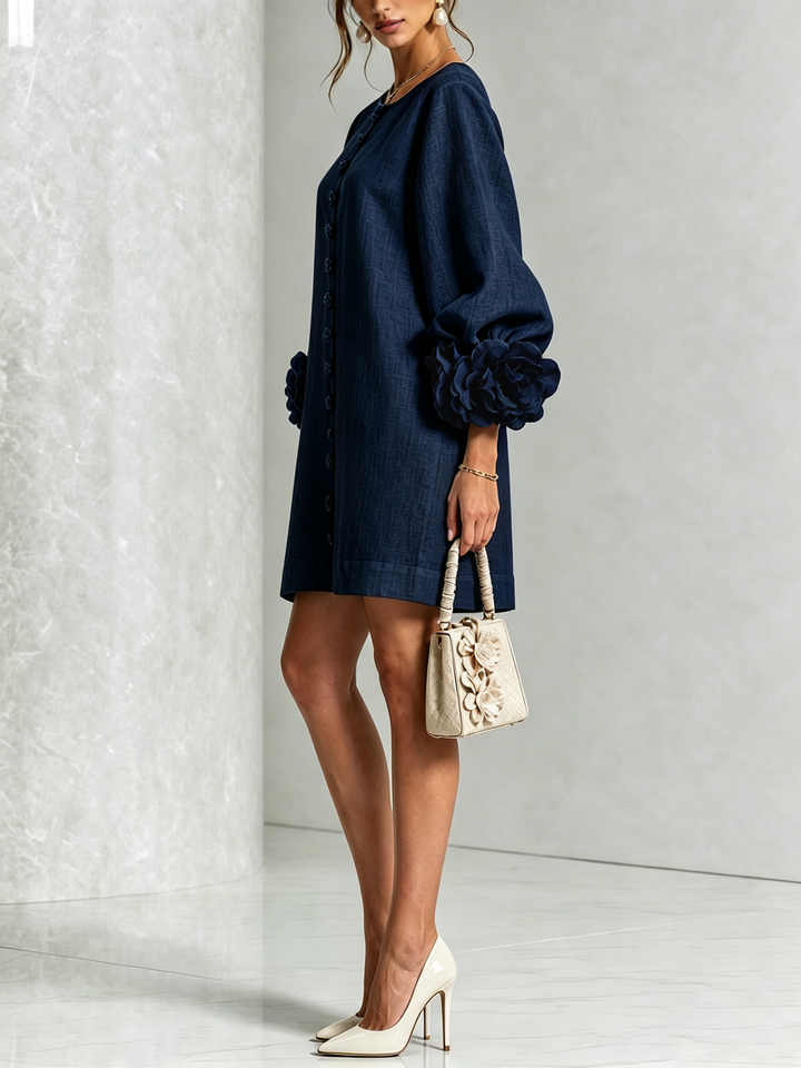 Clementine | Rosette-Cuff Button Shift Dress Navy