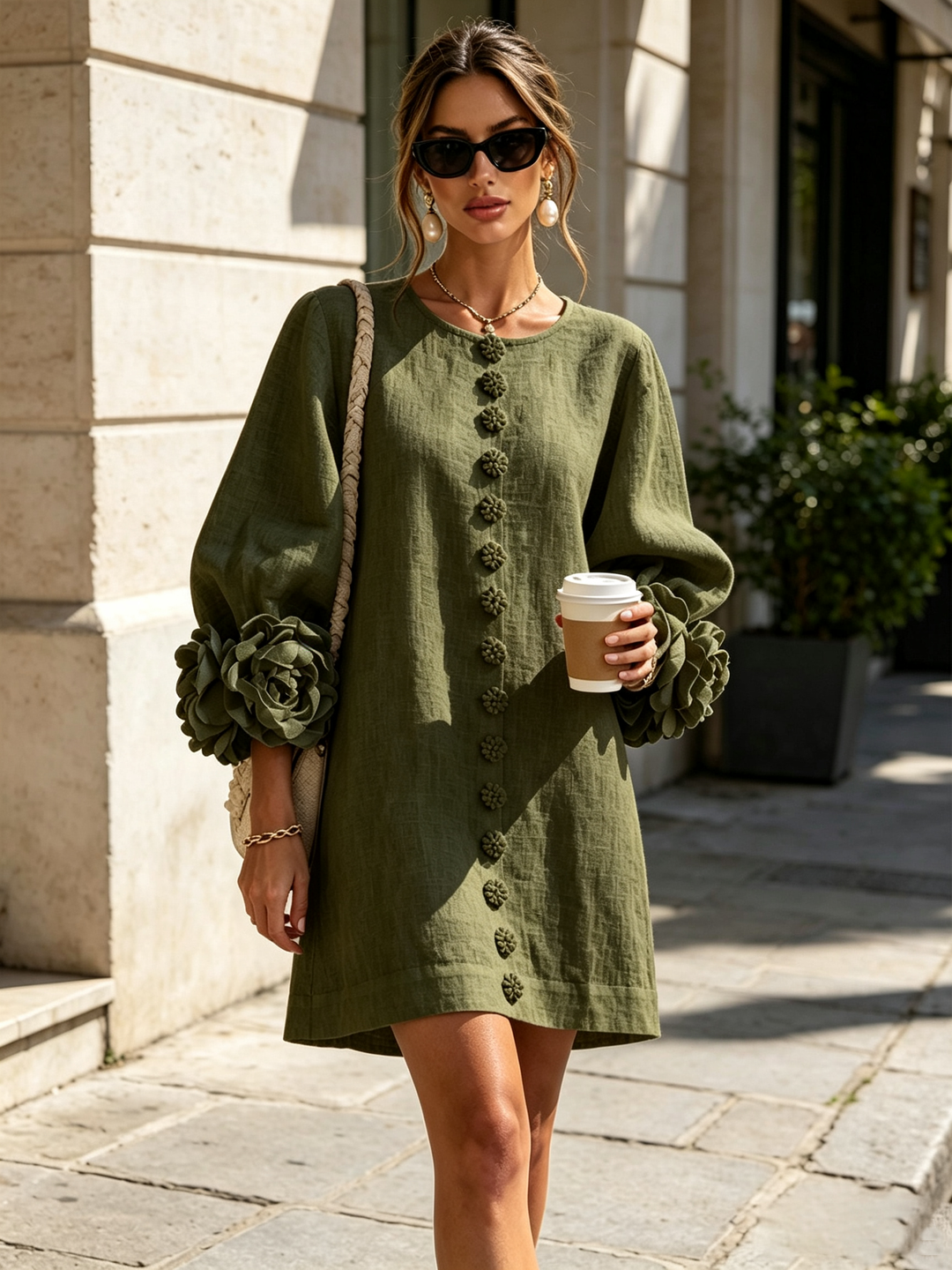 Clementine | Rosette-Cuff Button Shift Dress Olive