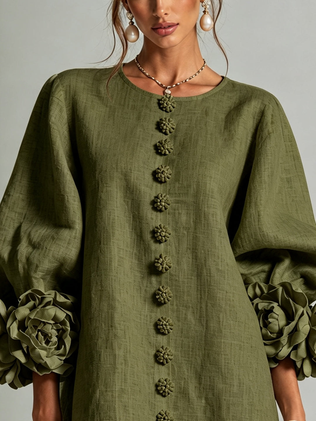 Clementine | Rosette-Cuff Button Shift Dress Olive