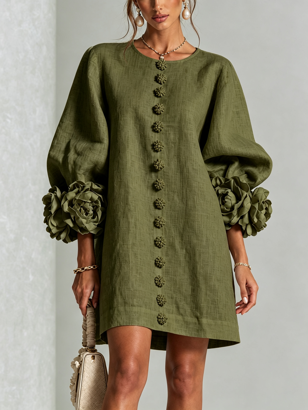 Clementine | Rosette-Cuff Button Shift Dress Olive