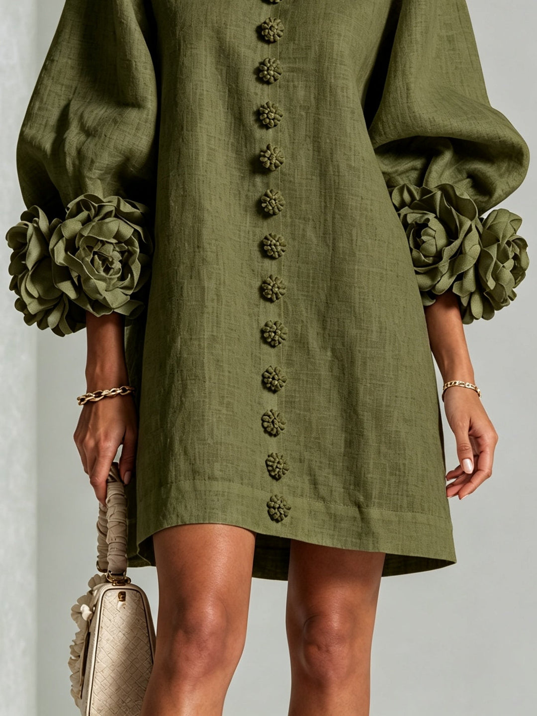 Clementine | Rosette-Cuff Button Shift Dress Olive