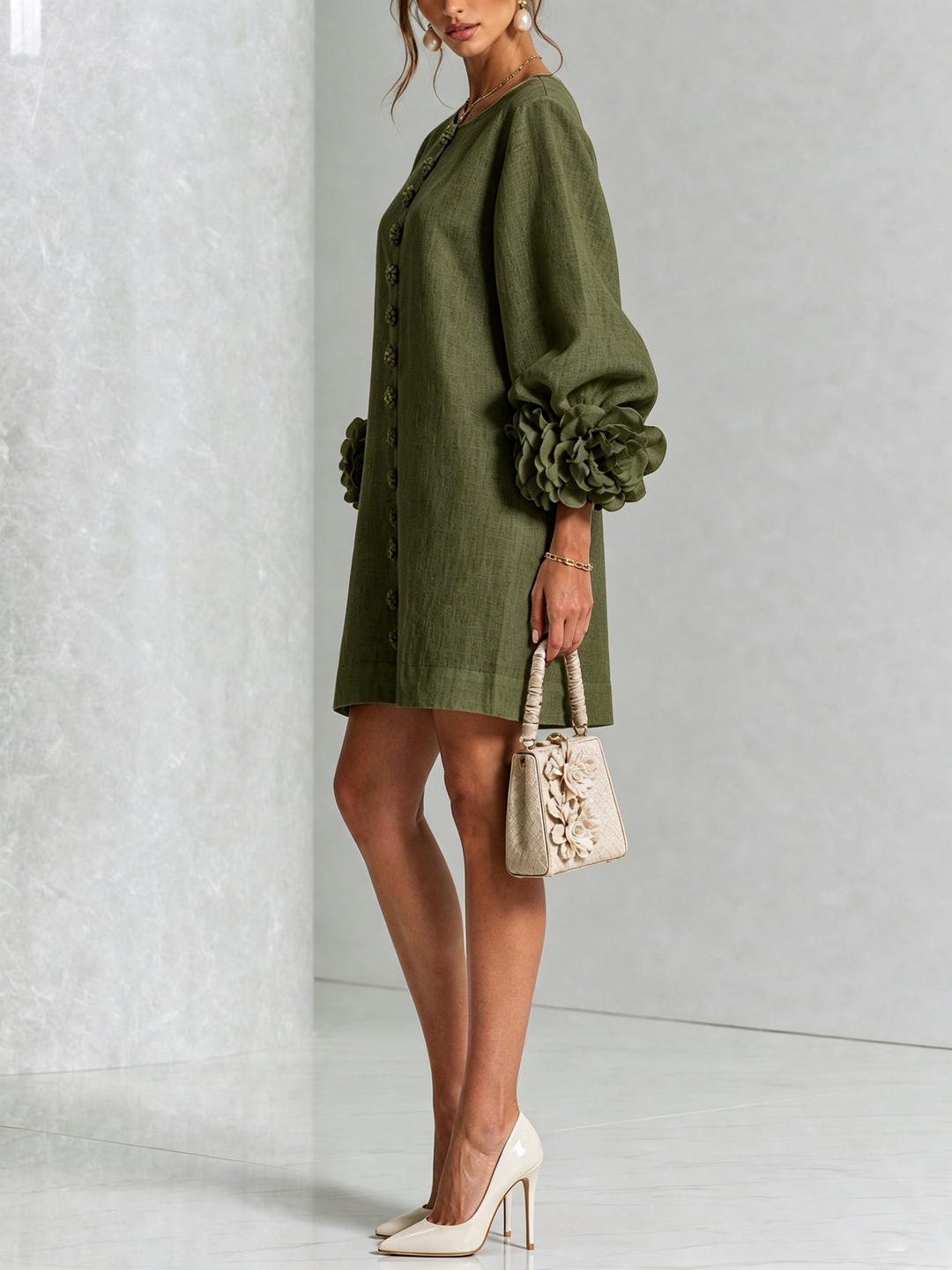 Clementine | Rosette-Cuff Button Shift Dress Olive