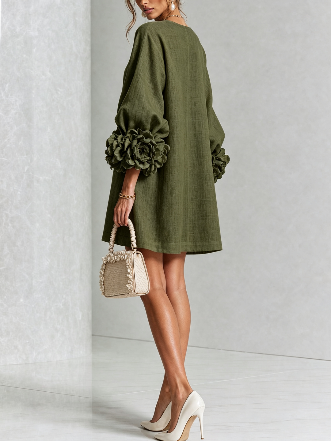 Clementine | Rosette-Cuff Button Shift Dress Olive