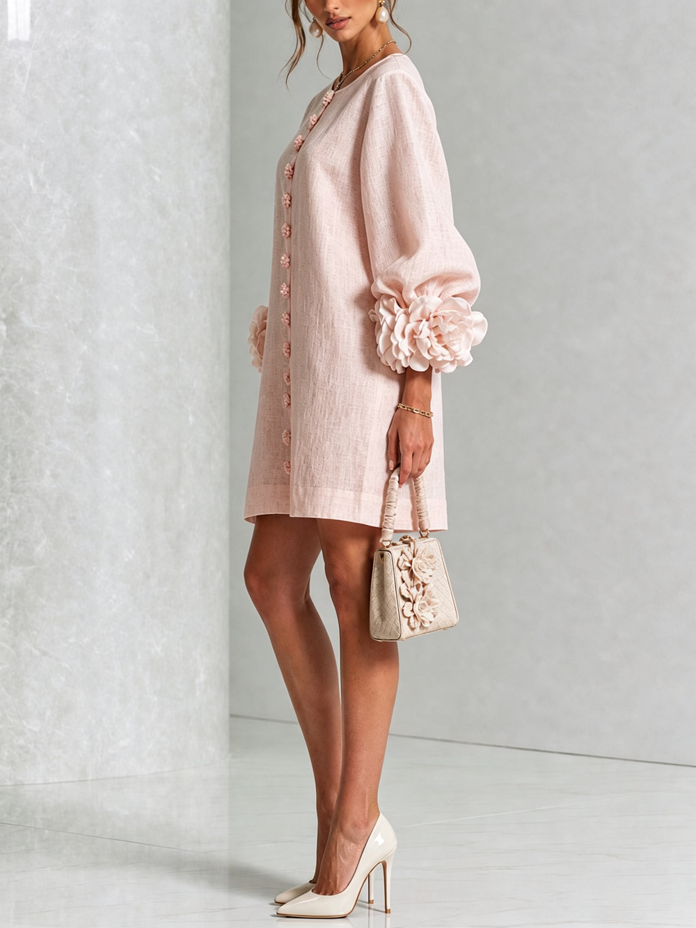 Clementine | Rosette-Cuff Button Shift Dress Pink
