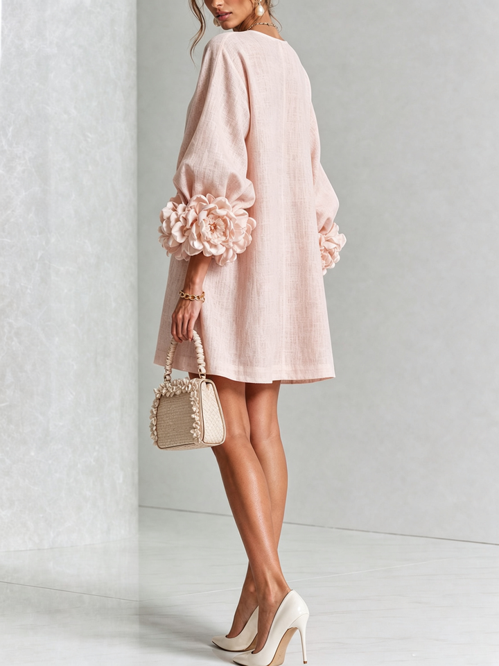 Clementine | Rosette-Cuff Button Shift Dress Pink