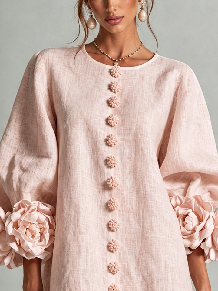 Clementine | Rosette-Cuff Button Shift Dress Pink