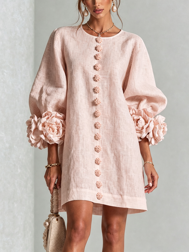 Clementine | Rosette-Cuff Button Shift Dress Pink