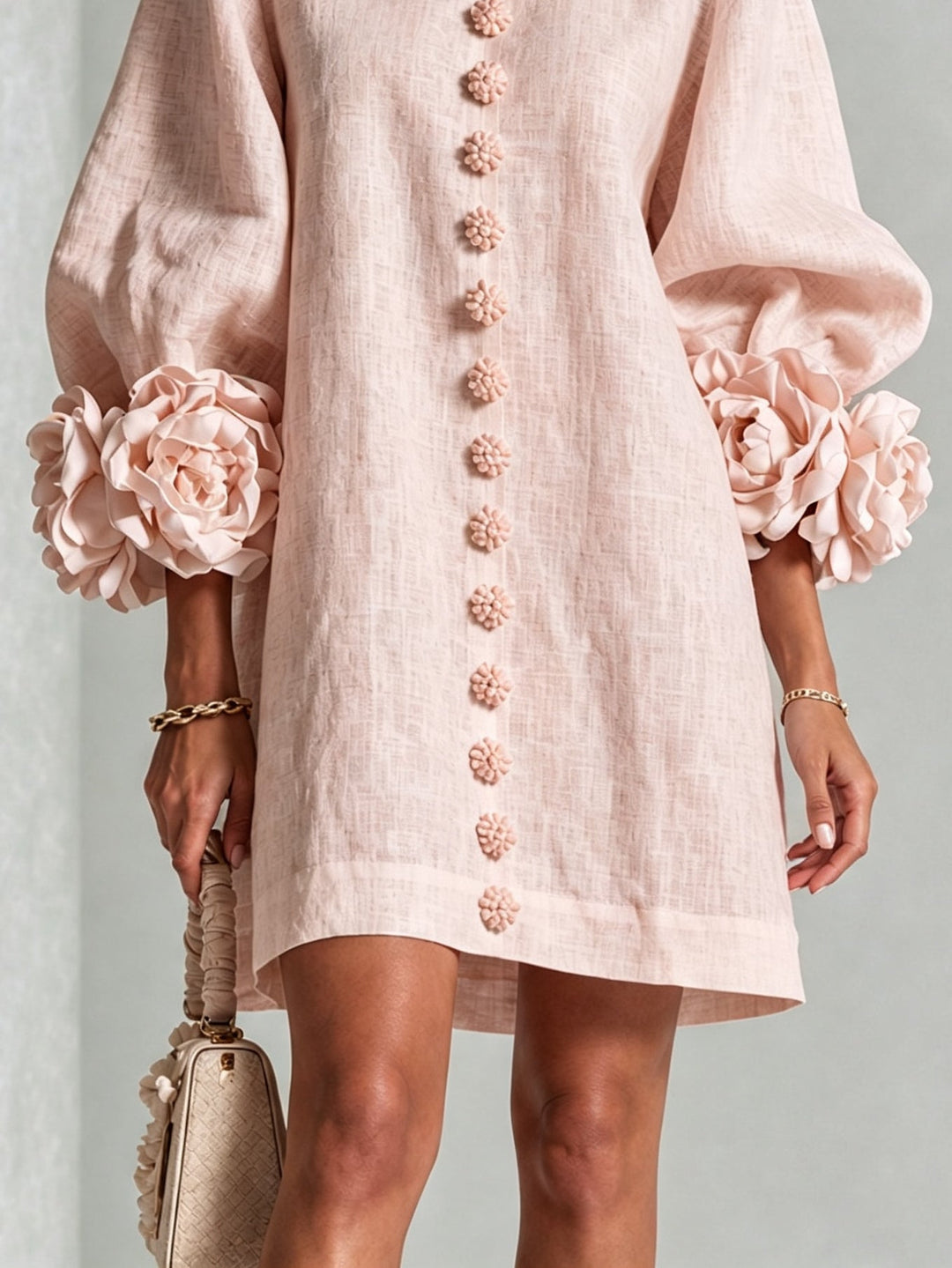 Clementine | Rosette-Cuff Button Shift Dress Pink