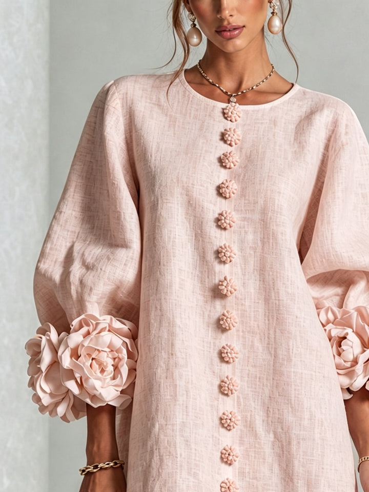 Clementine | Rosette-Cuff Button Shift Dress Pink