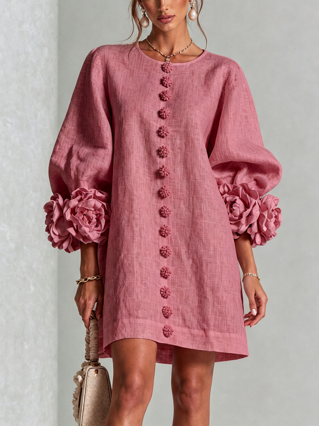 Clementine | Rosette-Cuff Button Shift Dress Rose