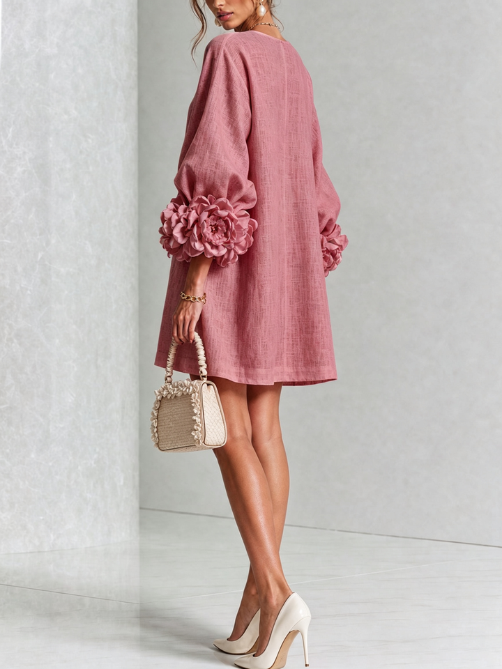 Clementine | Rosette-Cuff Button Shift Dress Rose