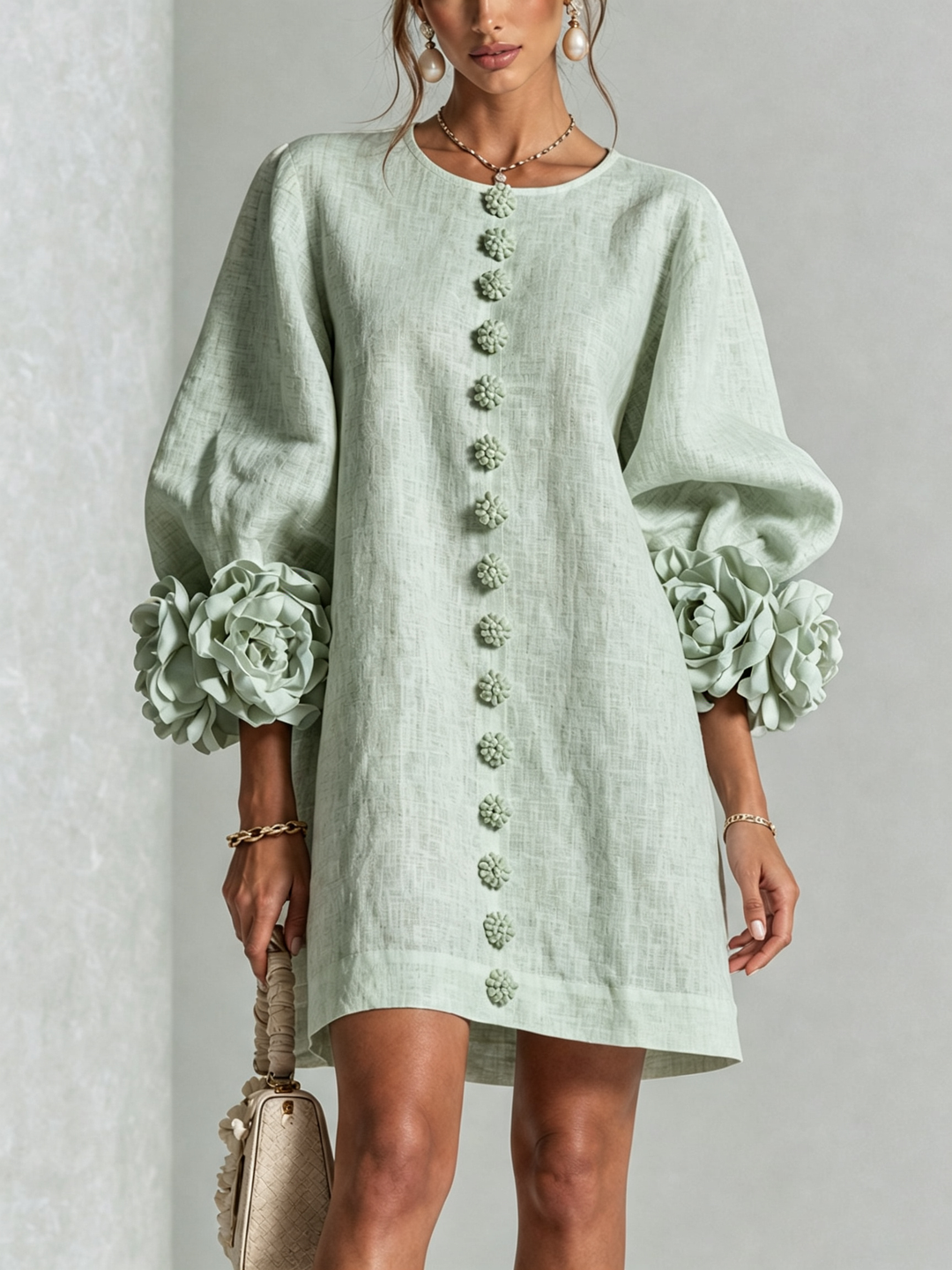 Clementine | Rosette-Cuff Button Shift Dress Sage Mist