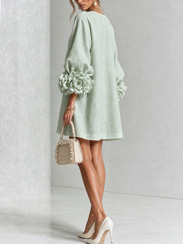 Clementine | Rosette-Cuff Button Shift Dress Sage Mist