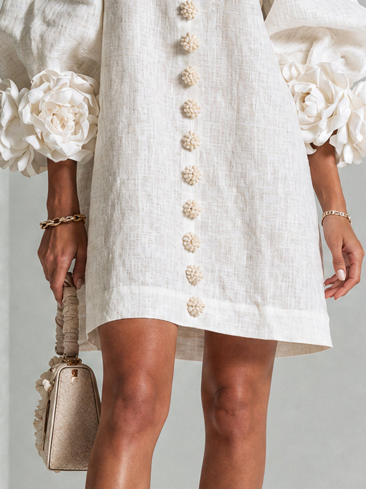 Clementine | Rosette-Cuff Button Shift Dress White