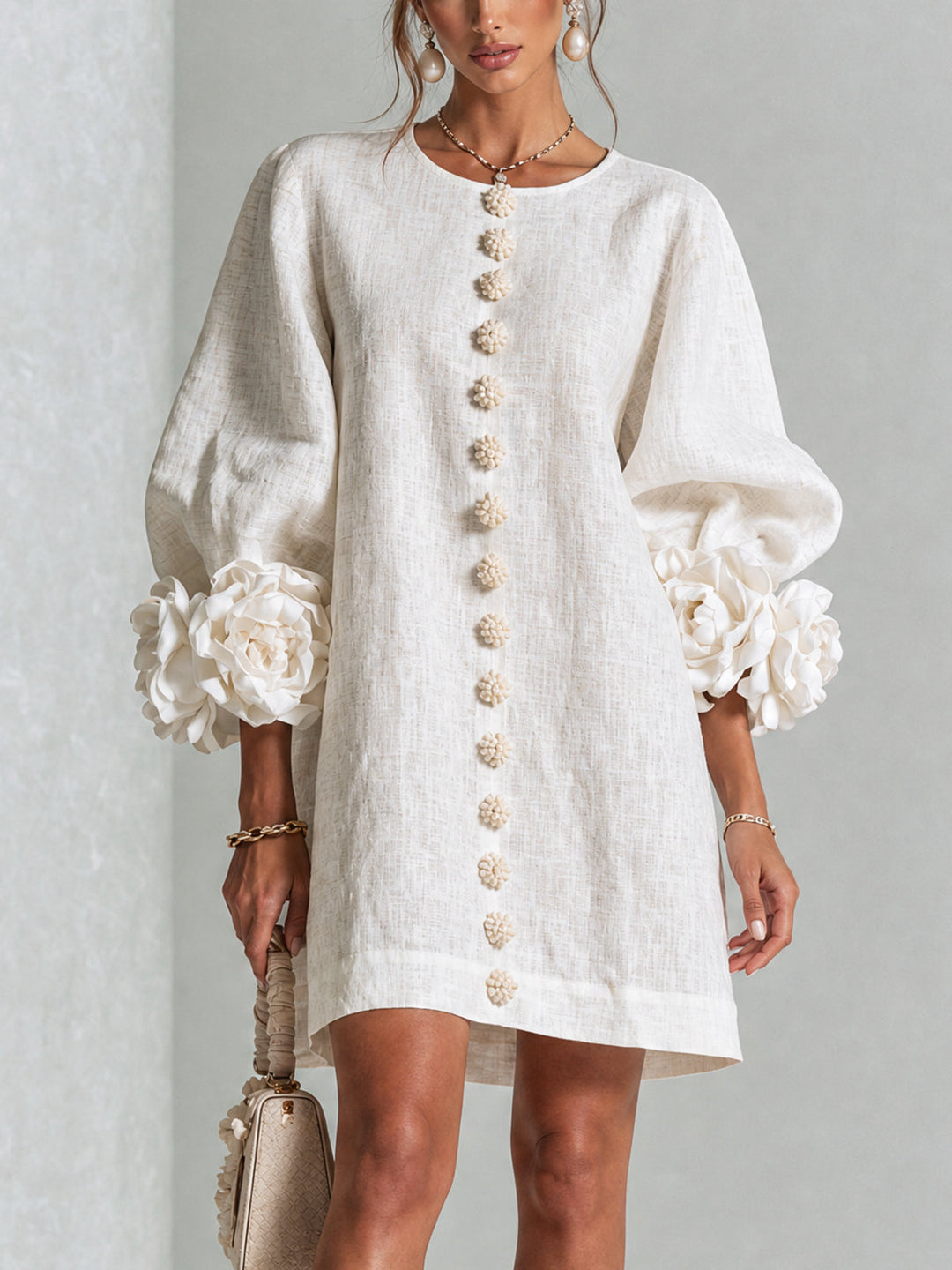 Clementine | Rosette-Cuff Button Shift Dress White