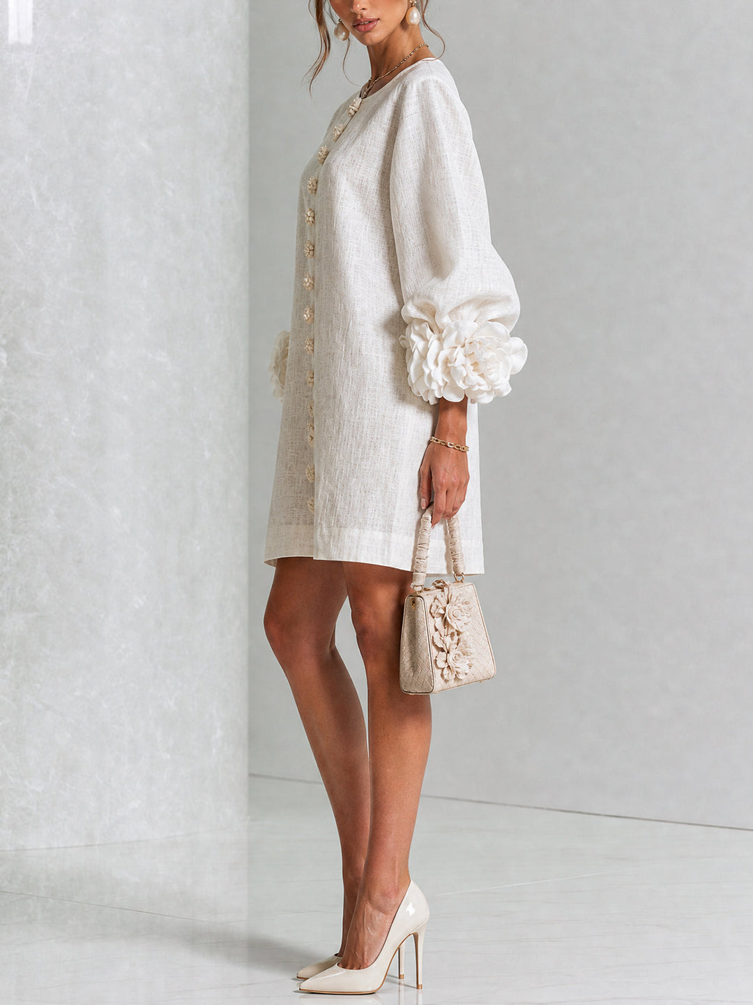 Clementine | Rosette-Cuff Button Shift Dress White