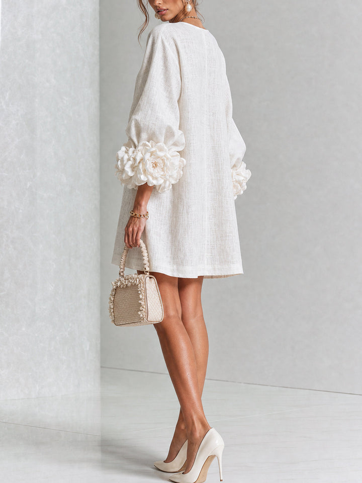 Clementine | Rosette-Cuff Button Shift Dress White