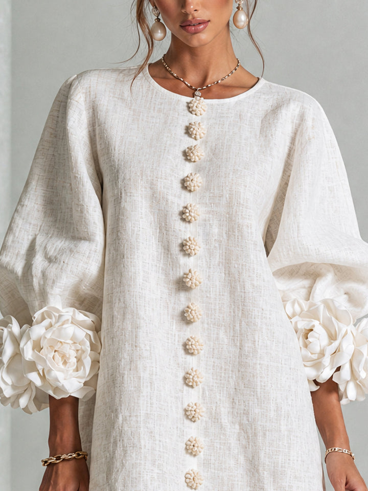 Clementine | Rosette-Cuff Button Shift Dress White