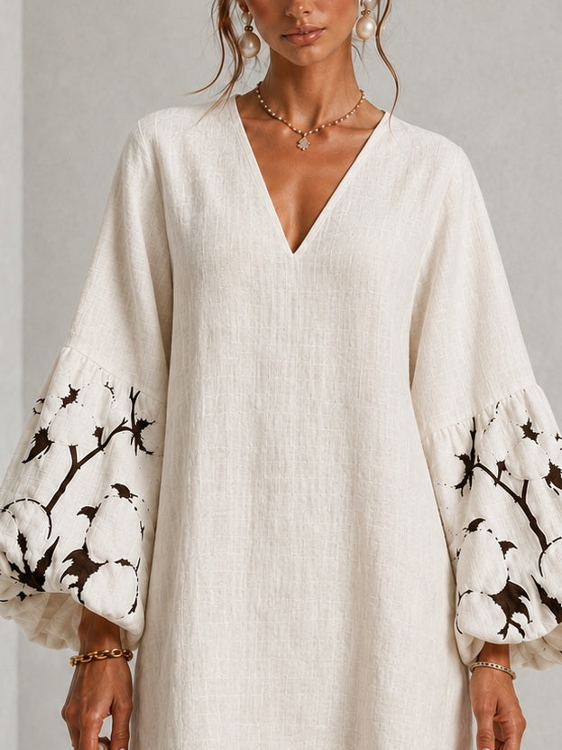Marguerite | V-Neck Lantern-Sleeve Floral Print Dress White